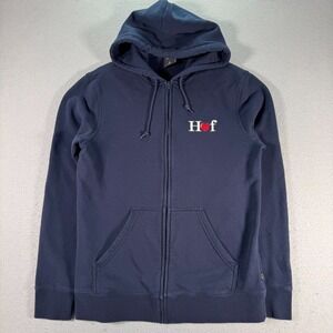 HUF Milton Hoodie Sweatshirt Mens Medium Blue Fleece Streetwear Collab Embroider